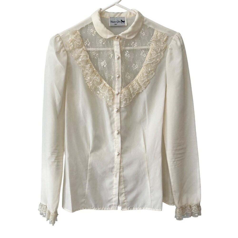 Vintage 70s Hunters Glen Button Front Blouse Womens M Lace Trim Cream Victorian